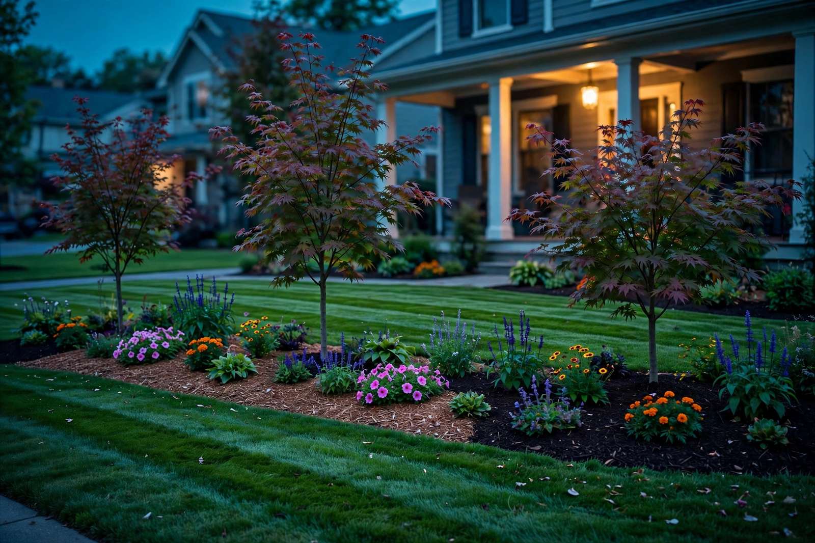 Striped lawn with fresh mulched flower beds and young trees at dusk