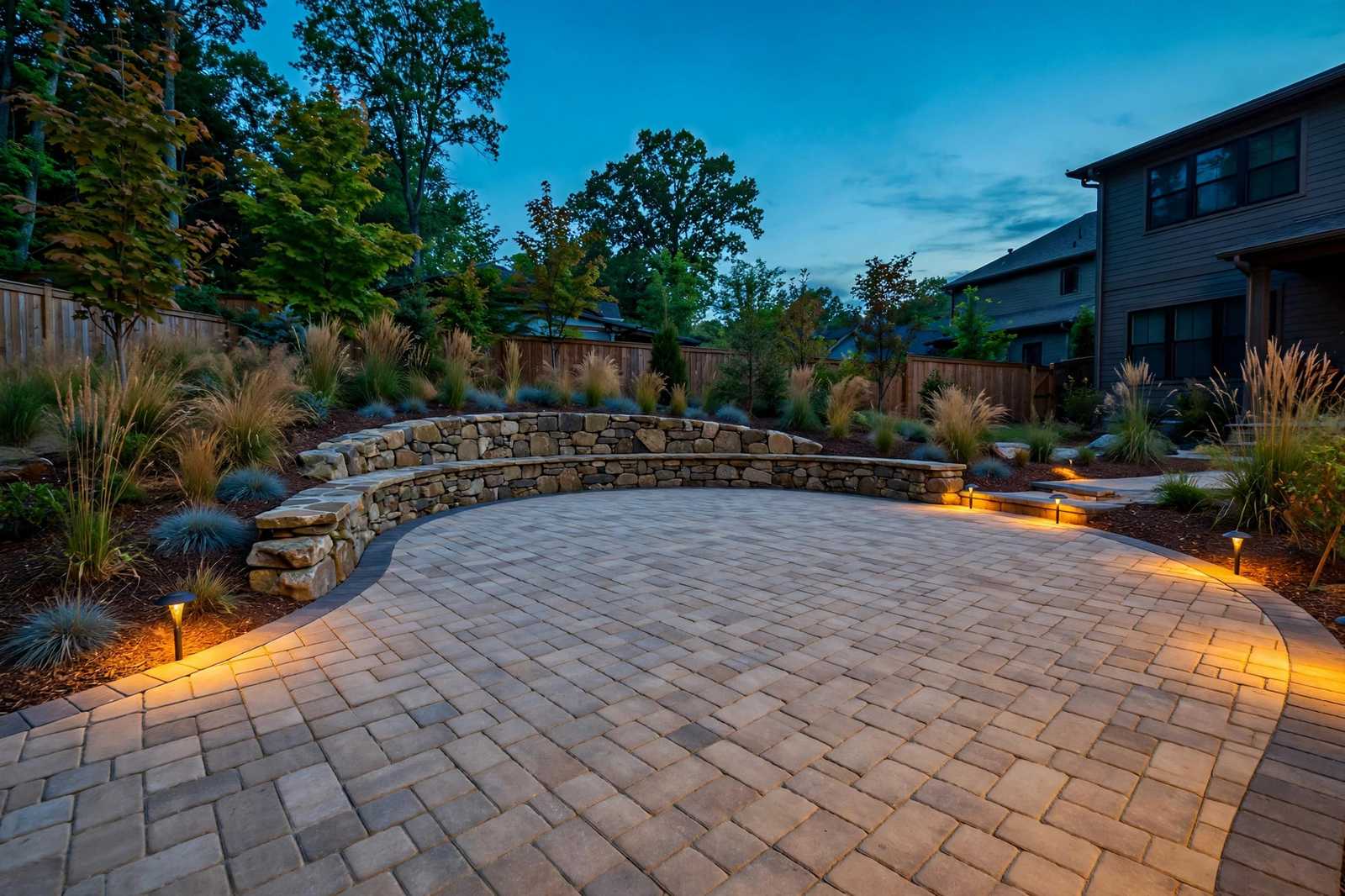 Paver patio with a curved stone retaining wall and glowing path lights at dusk
