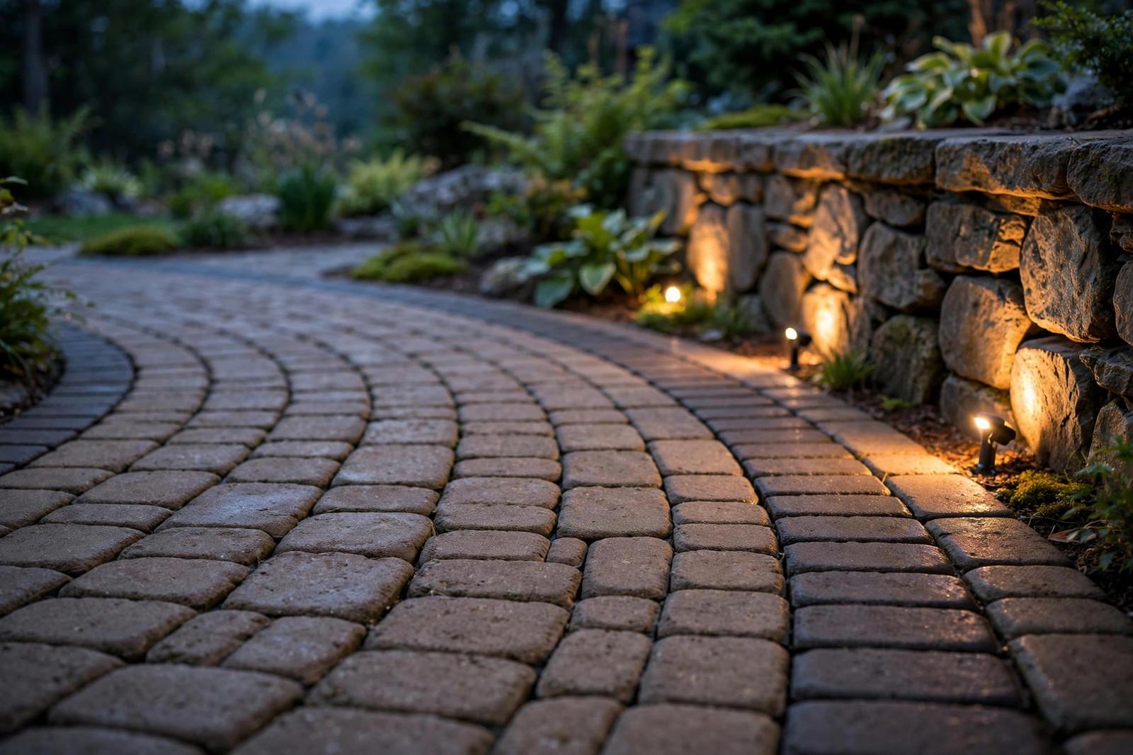Curved paver walkway with soldier-course edging beside a stone retaining wall at twilight
